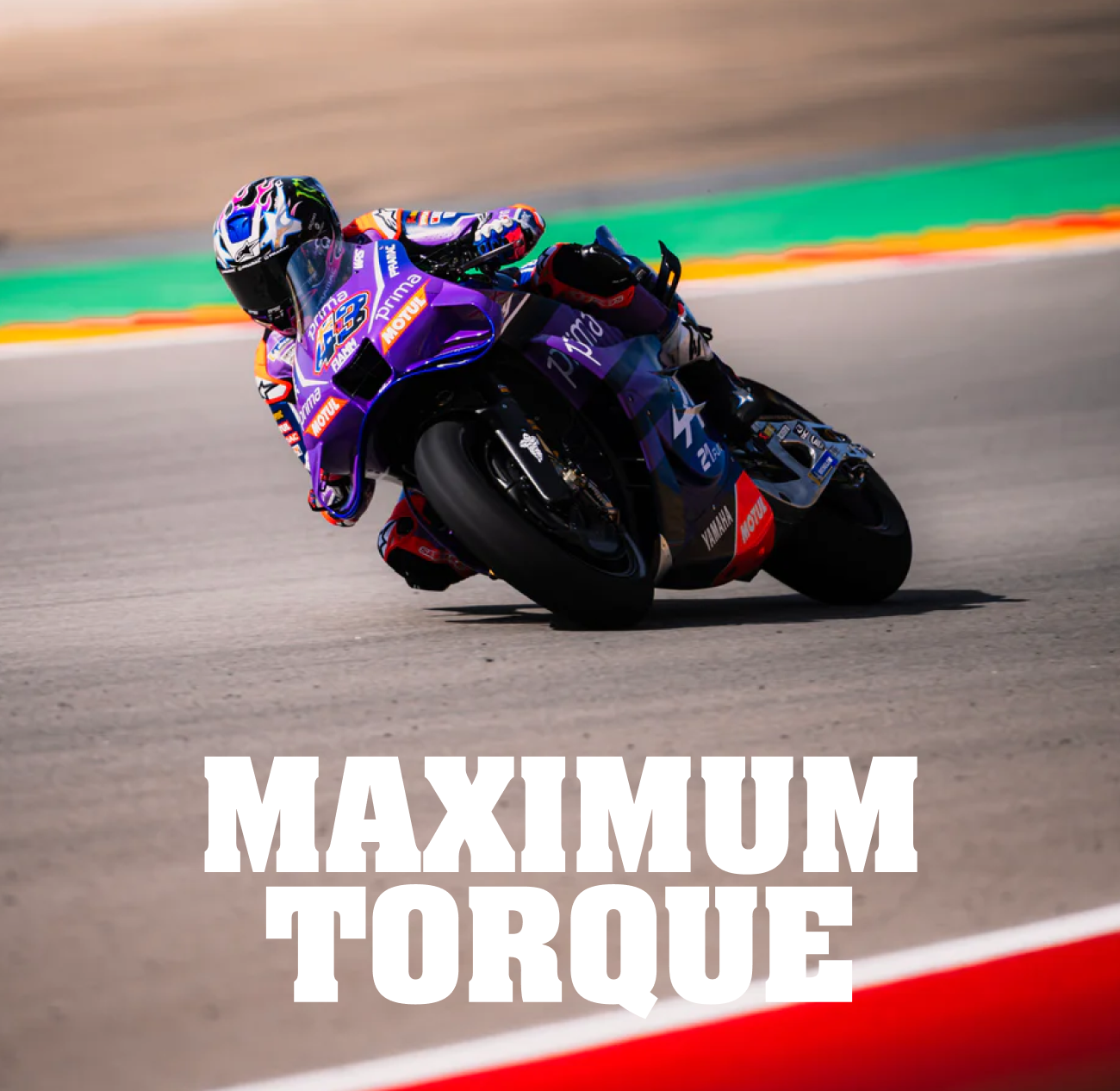 Yamaha race bike leaning into a corner on track with the headline Maximum Torque