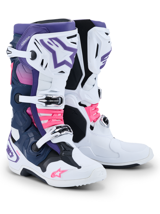 Alpinestars Tech 10 Boots White Violet Navy Blue Fluropink Top Two Moto