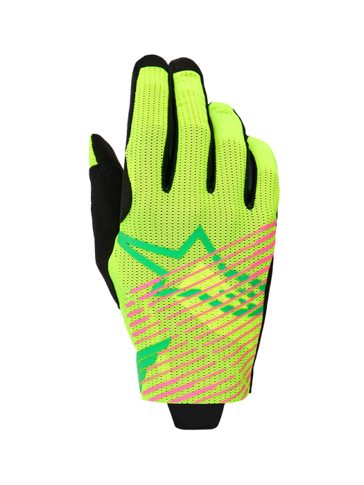 Alpinestars 2025-2026 Radar Pro Gloves Green Fluro-Yellow Fluro-Pink Top Two Moto