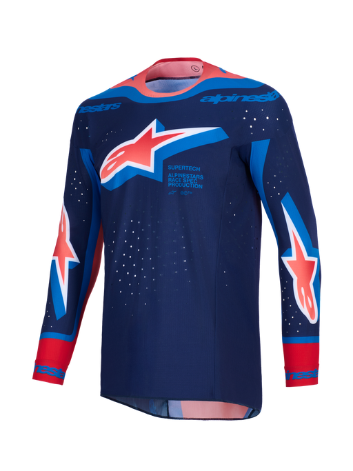 Alpinestars 2026 Supertech Vista Jersey Dark-Navy Hot-Coral Cobalt Top Two Moto