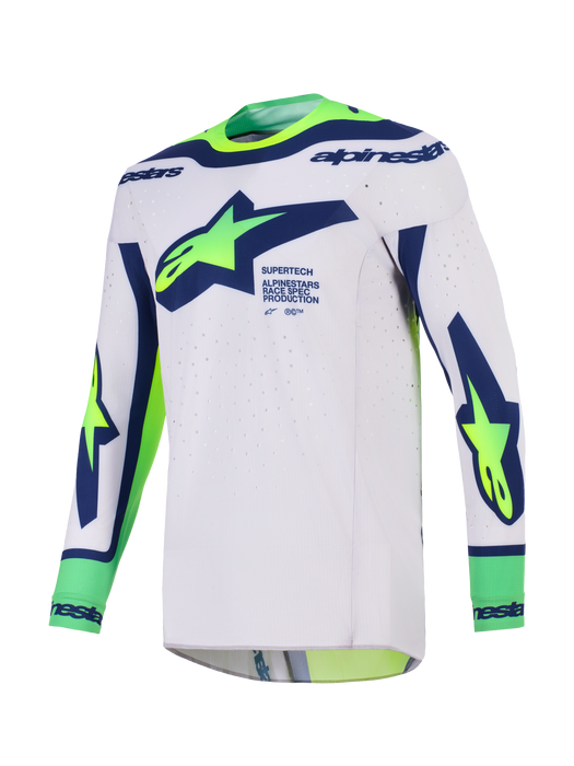 Alpinestars 2026 Supertech Vista Jersey Light-Gray Fluro-Yellow Blue Top Two Moto