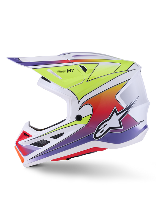 Alpinestars SM7 Fuse Helmet Ece06 White Fluro-Yellow Purple Glossy Top Two Moto