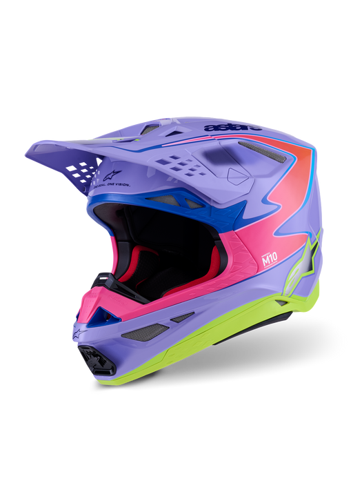 Alpinestars SM10 Jett Lawrence R01 Helmet Purple Fluro-Pink Fluro-Yellow Glossy Top Two Moto