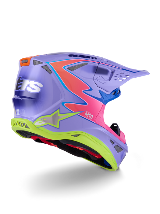 Alpinestars SM10 Jett Lawrence R01 Helmet Purple Fluro-Pink Fluro-Yellow Glossy Top Two Moto