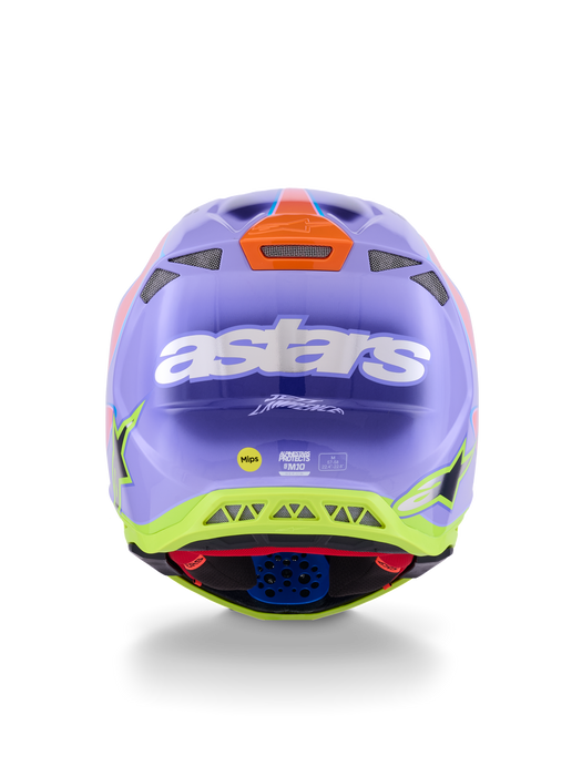 Alpinestars SM10 Jett Lawrence R01 Helmet Purple Fluro-Pink Fluro-Yellow Glossy Top Two Moto