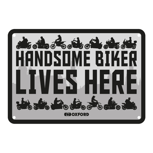 Oxford Garage Metal Sign: Handsome Biker Lives Here