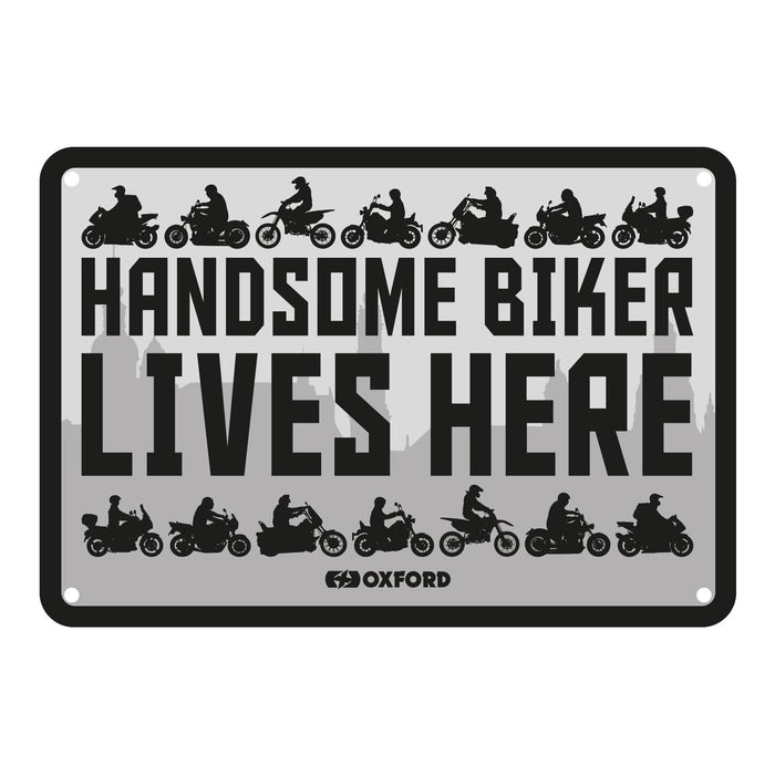 Oxford Garage Metal Sign: Handsome Biker Lives Here