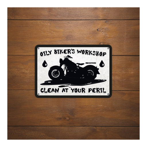 Oxford Garage Metal Sign: Oily Biker's Workshop